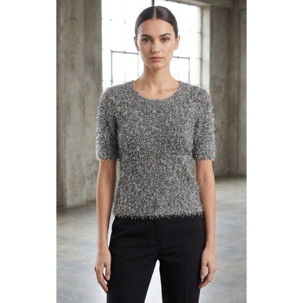 INC International Concepts Silver Soft Tinsel Shag Top Sz S Short Sleeve Sparkle